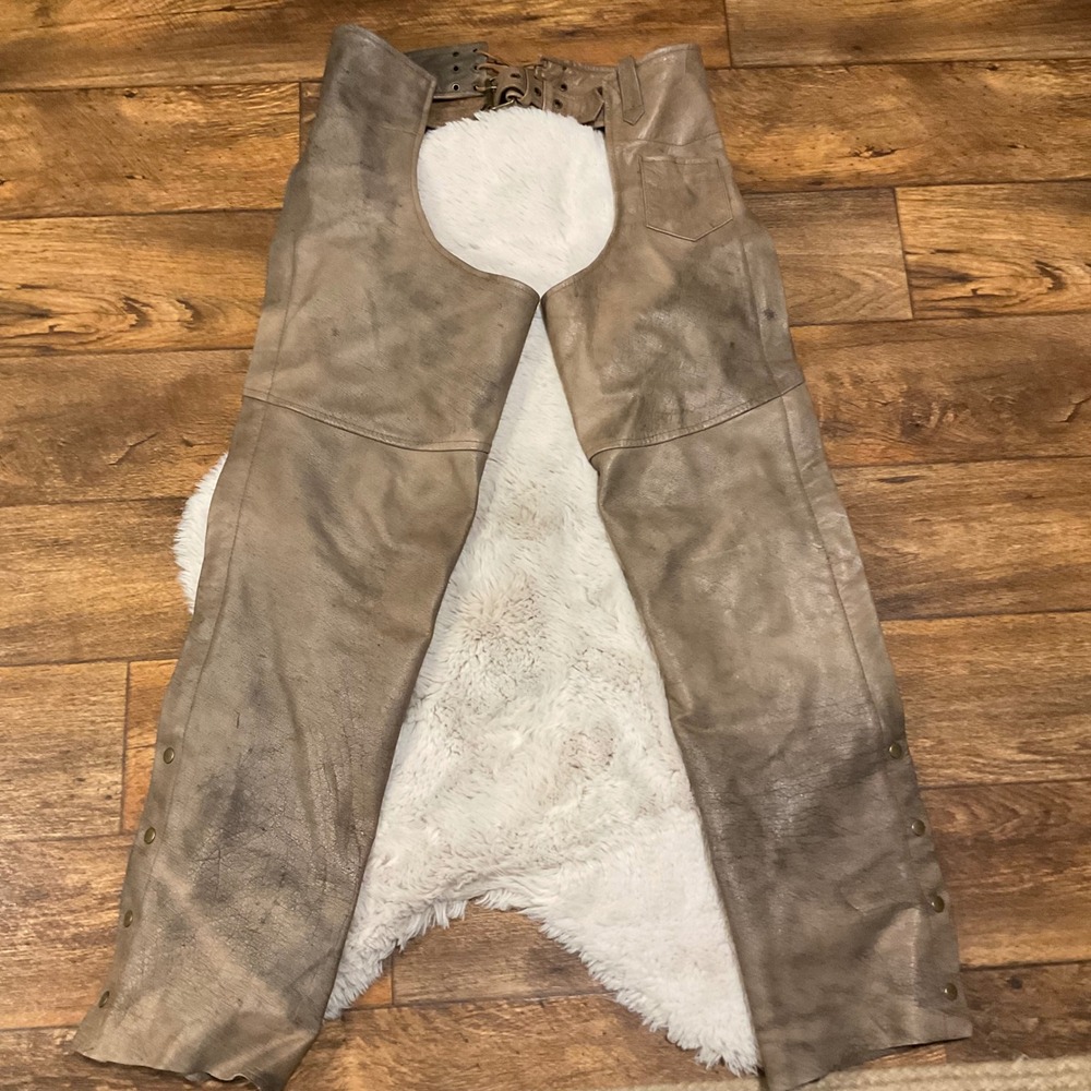 American Top Leather Motorcycle Chaps Size Large Tan Mens